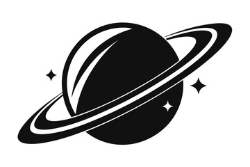 An orbiting ring surrounds a simplistic planet amidst shining stars in a monochrome composition