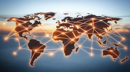 Global connection network representing worldwide communication and global business in a digital world illustrated with glowing city lights