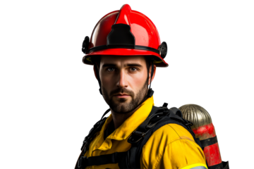 Portrait of serious firefighter, helmet and gear, looking ahead, cut out transparent