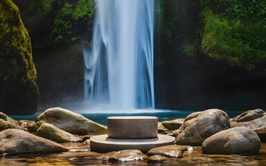 Nature backround for product placement, 3D waterfall landscape mockup backdrop for product and cosmetic presentation, backdrop photo for package or packaging box container