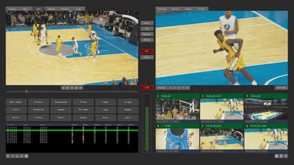 Master Control Software Template for News Broadcast Featuring Live Basketball Tournament. User Interface Mock Up with Different Cameras and Angles for Broadcast Room Technical Director