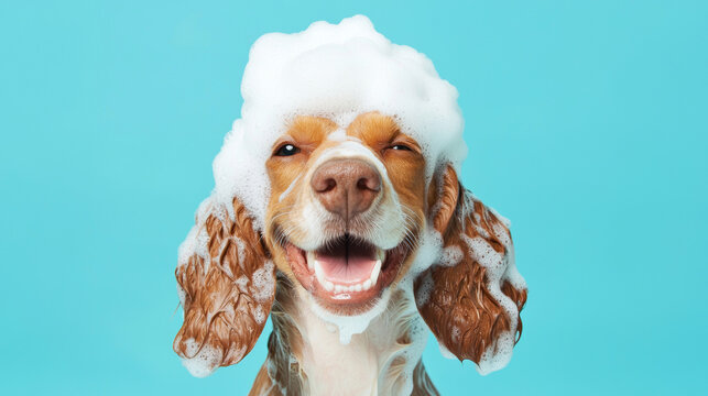 A fluffy jack russell terrier hound dog with soap foam bubbles on its head smiles enjoys bath time happy on light blue turquoise background. fun pet grooming hygiene playful cute poster