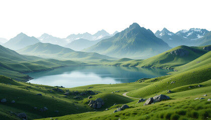 Lake and Hills Isolated on White