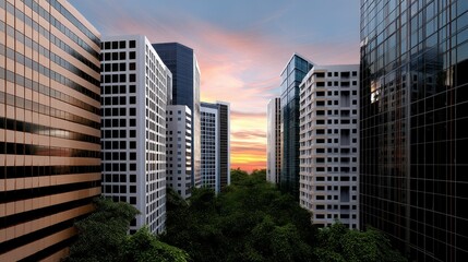 Naklejka premium Urban Concrete Jungle with Towering Office Buildings Amidst Lush Greenery at Sunset