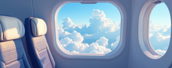 Fototapeta premium airplane travel, cabin seat and cloud view, aviation lifestyle, 3d illustration, soft airplane blue background, natural daylight