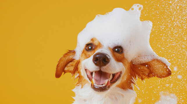 A fluffy jack russell terrier hound dog with soap foam bubbles on its head smiles enjoys bath time happy on light yellow background. fun pet grooming hygiene playful cute poster