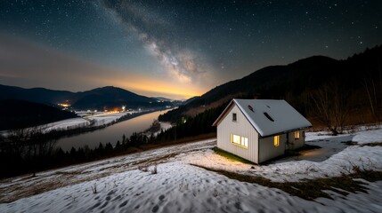 Snowy house glows under Milky Way, overlooking serene valley