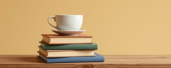 Fototapeta premium stacked books with cup of tea on top, cozy concept, 3d illustration, soft tan background, natural daylight