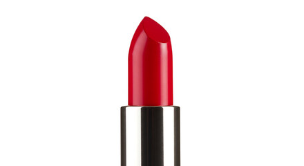 Obraz premium A striking close-up of a classic vibrant red lipstick, elegantly presented in its sleek silver and black tube, isolated against a pristine white background.