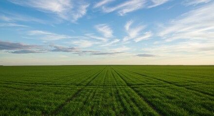 Vast Green Field Under a Blue Sky with Clouds