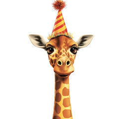 Cartoon Giraffe Wearing Party Hat Isolated on Transparent Background