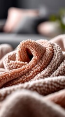 Fototapeta premium Soft, textured throw blanket in a warm peachy hue