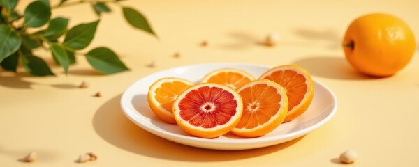 sliced fruits on clean plate, healthy lifestyle image, 3d illustration, soft color background, natural daylight