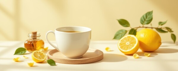 Fototapeta premium tea setup with lemon and honey, calming mood, 3d illustration, soft color background, natural daylight