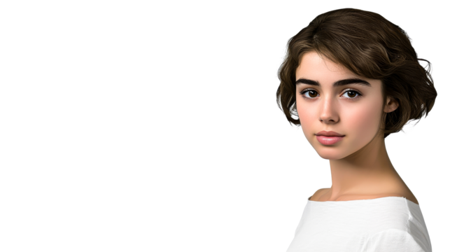 Young female portrait, brown hair, simple attire, looking forward, cut out transparent