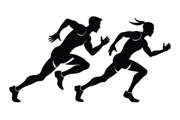 Male and female runners in silhouette sprint forward with intensity against a white backdrop