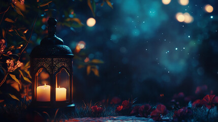 Lantern with candles on the ground, surrounded by grass and red flowers, dreamy glowing orbs in the background