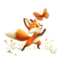 Cartoon Fox Chasing a Butterfly Over Fiery Oranges Isolated on Transparent Background