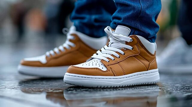 Close-up of tan and white high-top sneakers with white laces, worn with blue jeans, reflected on a wet surface.  The background is blurred, showing an urban setting