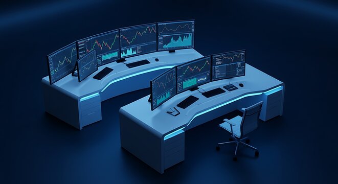 Trading Desks with Computer Screens Showing Stock Charts - Powered by Adobe