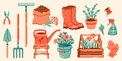 Colorful vector set of gardening tools, pots, gloves, and plants in a flat style. Perfect for eco lifestyle, horticulture, agriculture projects, or hobby farming content and spring visuals