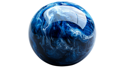 Marble planet with abstract blue swirls against black, cut out transparent