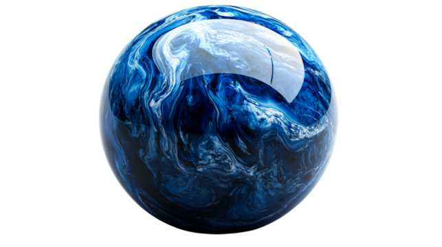 Marble planet with abstract blue swirls against black, cut out transparent - Powered by Adobe