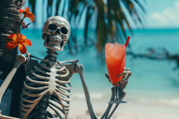 A whimsical skeleton enjoys a tropical cocktail on a beautiful beach, a humorous scene. Generative AI