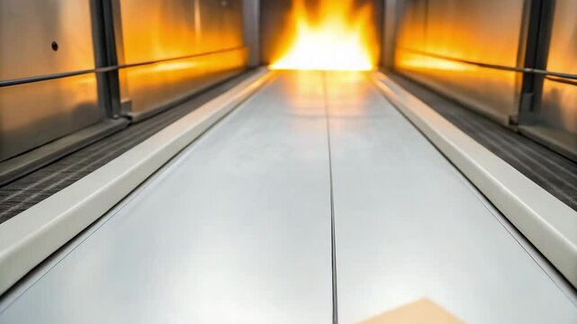Closeup of package on conveyor belt amidst flames, conveying urgency and danger in motion.