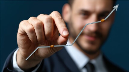 Businessman Holding Arrow Pointing Upward with Determination and Focus in Professional Environment