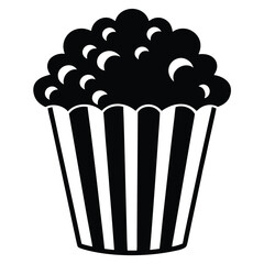Popcorn overflows from striped black and white container, creating a monochrome snack icon