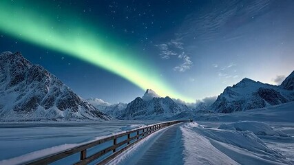 Serene winter landscape featuring a wooden fence path amidst snow covered mountains under a vibrant aurora display.  Starry night sky and a calm atmosphere