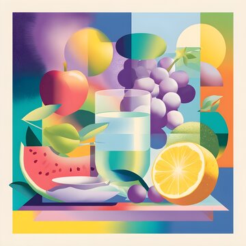 Naturaleza Muerta Abstracta con Frutas y Agua