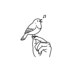 Bird on Human Finger Singing with Open Beak Representing Friendship