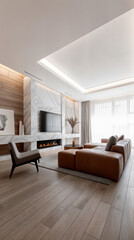 A contemporary living room featuring a sleek fireplace, large TV, stylish furniture, and natural light from floor-to-ceiling windows. The space is elegantly designed with neutral tones.