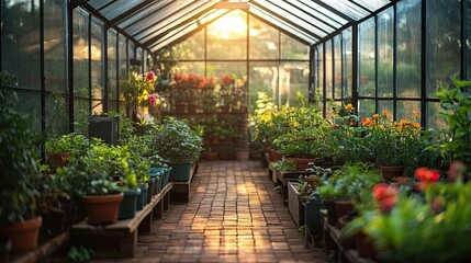 A greenhouse interior with rows of potted plants and flowers under a glass roof with sunlight shining through