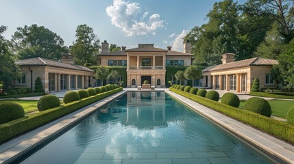Fototapeta premium Elegant Symmetrical Outdoor Space with Classic Columned Fireplace and Manicured Boxwood Hedges