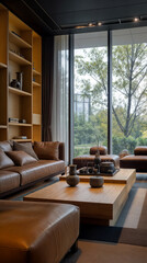 A stylish living room with leather sofas, a wooden coffee table, and large windows offering a view of lush greenery. Shelves with decorative items add a touch of elegance.