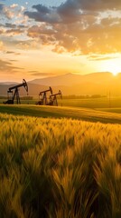 Fototapeta premium Oil Pumps In Golden Wheat Field At Sunset Photo