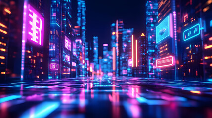 Obraz premium Illustration of a futuristic city powered by Euro cryptocurrency, with holographic displays and neon signs