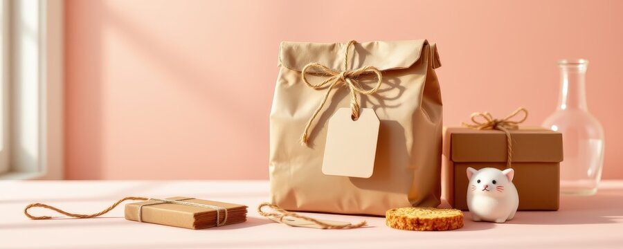small business packaging setup with string and tags, 3d illustration, soft background, natural daylight