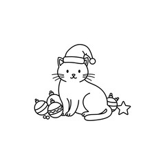 Cat with Christmas Hat Sitting by Ornaments – Festive Feline and Holiday Spirit