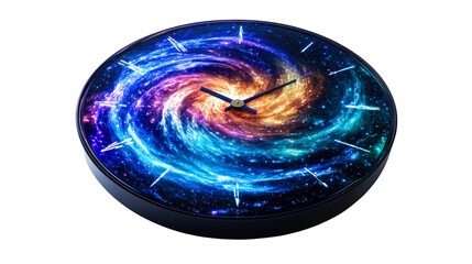 Modern clock displaying time with galaxy print face, cut out transparent