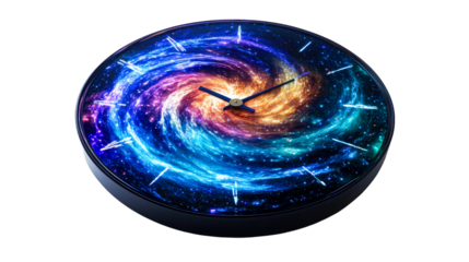 Modern clock displaying time with galaxy print face, cut out transparent