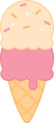 Cute strawberry and vanilla ice cream cone. Flat design illustration.	