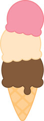 Cute vanilla, chocolate and strawberry ice cream cone. Flat design illustration.	