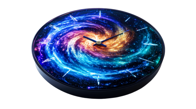 Modern clock displaying time with galaxy print face, cut out transparent