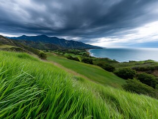 Obraz premium Coastal golf course landscape under dramatic sky