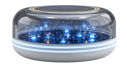 Futuristic Tech Device with Light: A sleek, modern device features an innovative design with transparent elements. Blue lights pulsate within, suggesting cutting-edge technology and innovation.