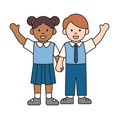 STUDENTS HOLDING HANDS UP children illustration simple outline drawing character doodle diverse race and ethnicity people cute kawaii style